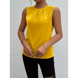 Solid Pleated Simple Tank Top, Elegant Sleeveless Tank Top For Summer, Women's Clothing Solid Pleated Simple Tank Top, Elegant Sleeveless Tank Top For Summer, Women's Clothing