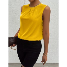 Solid Pleated Simple Tank Top, Elegant Sleeveless Tank Top For Summer, Women's Clothing Solid Pleated Simple Tank Top, Elegant Sleeveless Tank Top For Summer, Women's Clothing