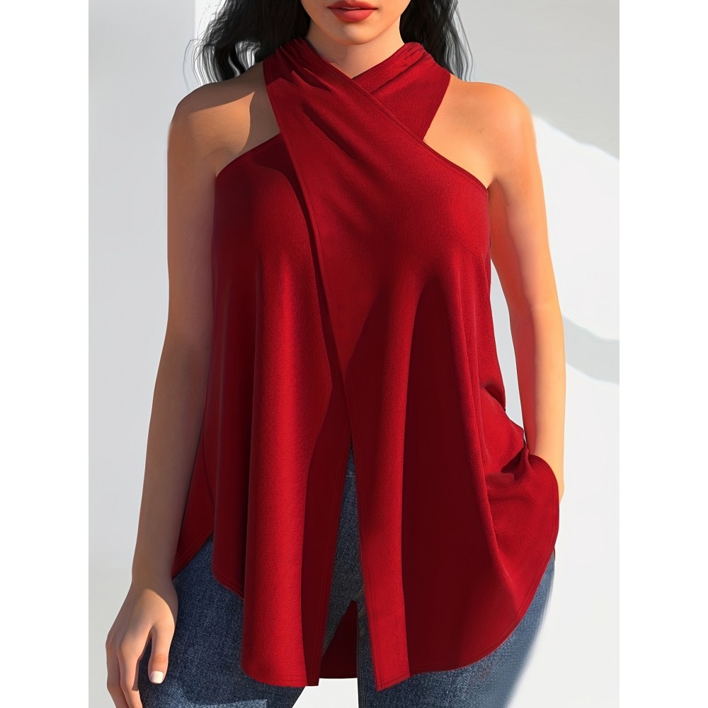Split Cross Halter Neck Top, Casual Backless Halter Top For Summer, Women's Clothing Split Cross Halter Neck Top, Casual Backless Halter Top For Summer, Women's Clothing