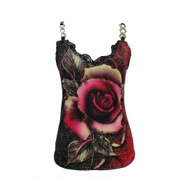 Floral Print Chain Linked Top, Sexy Contrast Lace Summer Sleeveless Top, Women's Clothing Floral Print Chain Linked Top, Sexy Contrast Lace Summer Sleeveless Top, Women's Clothing