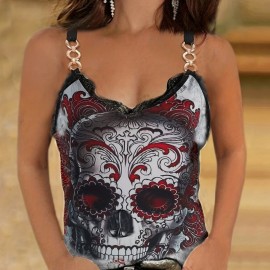 Floral Print Chain Linked Top, Sexy Contrast Lace Summer Sleeveless Top, Women's Clothing Floral Print Chain Linked Top, Sexy Contrast Lace Summer Sleeveless Top, Women's Clothing