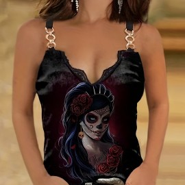 Floral Print Chain Linked Top, Sexy Contrast Lace Summer Sleeveless Top, Women's Clothing Floral Print Chain Linked Top, Sexy Contrast Lace Summer Sleeveless Top, Women's Clothing