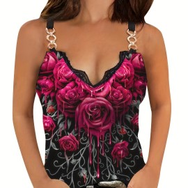Floral Print Chain Linked Top, Sexy Contrast Lace Summer Sleeveless Top, Women's Clothing Floral Print Chain Linked Top, Sexy Contrast Lace Summer Sleeveless Top, Women's Clothing