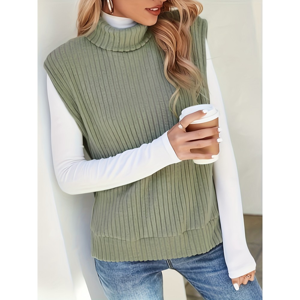 Solid Turtle Neck Rib Knit Vest, Casual Split Side Sleeveless Top, Women's Clothing Solid Turtle Neck Rib Knit Vest, Casual Split Side Sleeveless Top, Women's Clothing