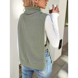 Solid Turtle Neck Rib Knit Vest, Casual Split Side Sleeveless Top, Women's Clothing Solid Turtle Neck Rib Knit Vest, Casual Split Side Sleeveless Top, Women's Clothing