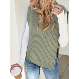 Solid Turtle Neck Rib Knit Vest, Casual Split Side Sleeveless Top, Women's Clothing Solid Turtle Neck Rib Knit Vest, Casual Split Side Sleeveless Top, Women's Clothing