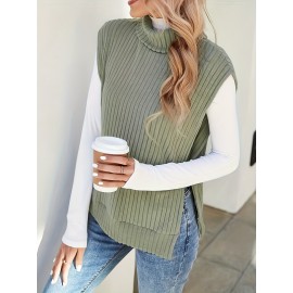 Solid Turtle Neck Rib Knit Vest, Casual Split Side Sleeveless Top, Women's Clothing Solid Turtle Neck Rib Knit Vest, Casual Split Side Sleeveless Top, Women's Clothing