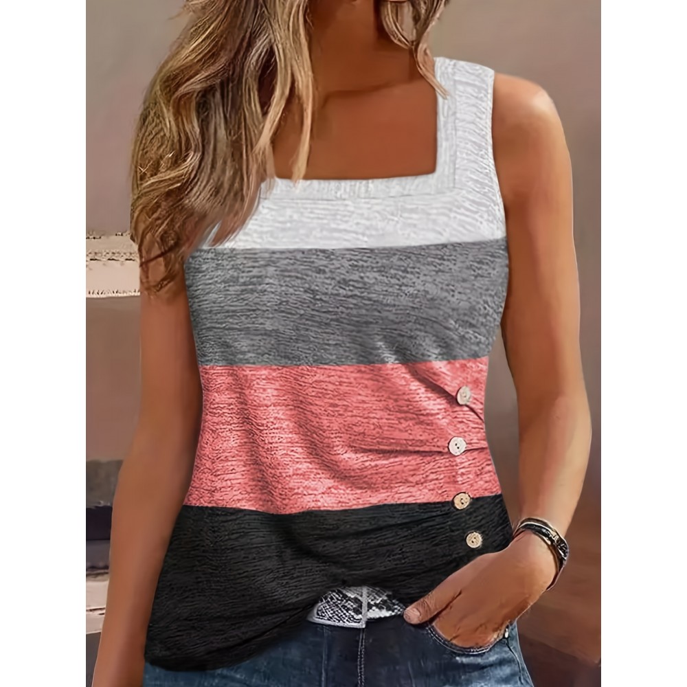 Striped Print Square Neck Tank Top, Casual Sleeveless Tank Top For Sumer, Women's Clothing Striped Print Square Neck Tank Top, Casual Sleeveless Tank Top For Sumer, Women's Clothing