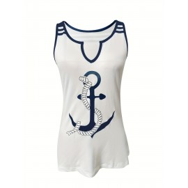 Anchor Print Tank Top, Casual Notch Neck Summer Sleeveless Top, Women's Clothing Anchor Print Tank Top, Casual Notch Neck Summer Sleeveless Top, Women's Clothing