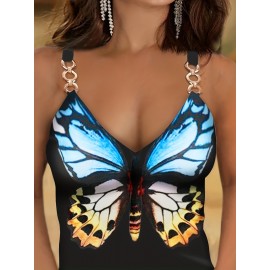 Butterfly Print Chain Linked Strap Cami Top, Casual V-neck Sleeveless Cami Top For Summer, Women's Clothing Butterfly Print Chain Linked Strap Cami Top, Casual V-neck Sleeveless Cami Top For Summer, Women's Clothing