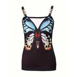 Butterfly Print Chain Linked Strap Cami Top, Casual V-neck Sleeveless Cami Top For Summer, Women's Clothing Butterfly Print Chain Linked Strap Cami Top, Casual V-neck Sleeveless Cami Top For Summer, Women's Clothing
