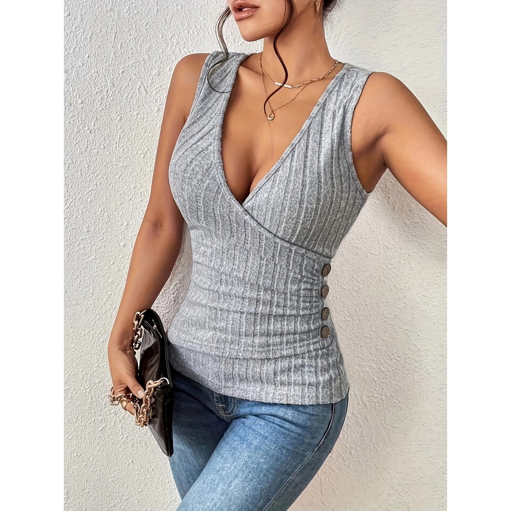Solid V-neck Button Decor Tank Top, Casual Sleeveless Tank Top For Summer, Women's Clothing Solid V-neck Button Decor Tank Top, Casual Sleeveless Tank Top For Summer, Women's Clothing