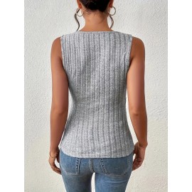 Solid V-neck Button Decor Tank Top, Casual Sleeveless Tank Top For Summer, Women's Clothing Solid V-neck Button Decor Tank Top, Casual Sleeveless Tank Top For Summer, Women's Clothing