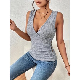 Solid V-neck Button Decor Tank Top, Casual Sleeveless Tank Top For Summer, Women's Clothing Solid V-neck Button Decor Tank Top, Casual Sleeveless Tank Top For Summer, Women's Clothing