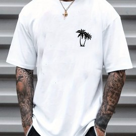 Sketch Style Palm Tree Pattern Top Casual Mid Stretch Short Sleeve Crew Neck Graphic T-shirt, Men's Tee For Summer Outdoor Sketch Style Palm Tree Pattern Top Casual Mid Stretch Short Sleeve Crew Neck Graphic T-shirt, Men's Tee For Summer Outdoor