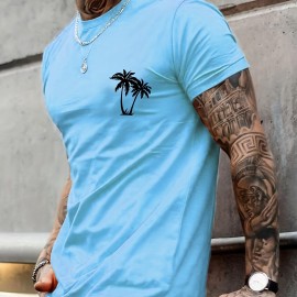 Sketch Style Palm Tree Pattern Top Casual Mid Stretch Short Sleeve Crew Neck Graphic T-shirt, Men's Tee For Summer Outdoor Sketch Style Palm Tree Pattern Top Casual Mid Stretch Short Sleeve Crew Neck Graphic T-shirt, Men's Tee For Summer Outdoor