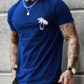Sketch Style Palm Tree Pattern Top Casual Mid Stretch Short Sleeve Crew Neck Graphic T-shirt, Men's Tee For Summer Outdoor Sketch Style Palm Tree Pattern Top Casual Mid Stretch Short Sleeve Crew Neck Graphic T-shirt, Men's Tee For Summer Outdoor