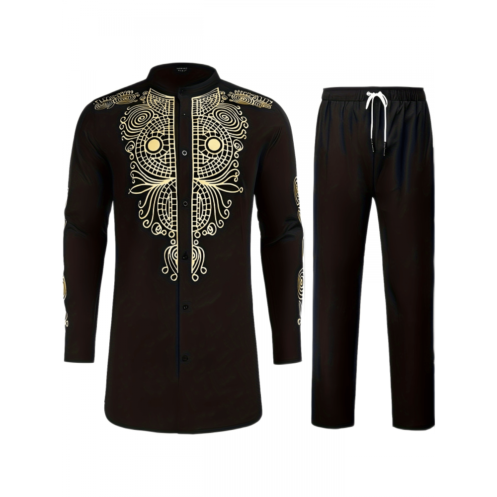 Totem Print Men's Long Sleeve Stand Collar Shirt, Ethnic Style Male Shirt For Spring Fall Totem Print Men's Long Sleeve Stand Collar Shirt, Ethnic Style Male Shirt For Spring Fall