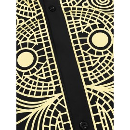Totem Print Men's Long Sleeve Stand Collar Shirt, Ethnic Style Male Shirt For Spring Fall Totem Print Men's Long Sleeve Stand Collar Shirt, Ethnic Style Male Shirt For Spring Fall