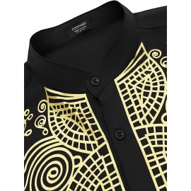 Totem Print Men's Long Sleeve Stand Collar Shirt, Ethnic Style Male Shirt For Spring Fall Totem Print Men's Long Sleeve Stand Collar Shirt, Ethnic Style Male Shirt For Spring Fall