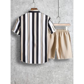 2pcs Men's Stripe Pattern Color Block Short Sleeve Button Shirt & Loose Shorts, Men's Casual Outfit For Summer Vacation 2pcs Men's Stripe Pattern Color Block Short Sleeve Button Shirt & Loose Shorts, Men's Casual Outfit For Summer Vacation