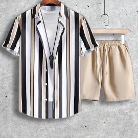 2pcs Men's Stripe Pattern Color Block Short Sleeve Button Shirt & Loose Shorts, Men's Casual Outfit For Summer Vacation 2pcs Men's Stripe Pattern Color Block Short Sleeve Button Shirt & Loose Shorts, Men's Casual Outfit For Summer Vacation