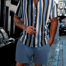 2pcs Men's Stripe Pattern Color Block Short Sleeve Button Shirt & Loose Shorts, Men's Casual Outfit For Summer Vacation 2pcs Men's Stripe Pattern Color Block Short Sleeve Button Shirt & Loose Shorts, Men's Casual Outfit For Summer Vacation