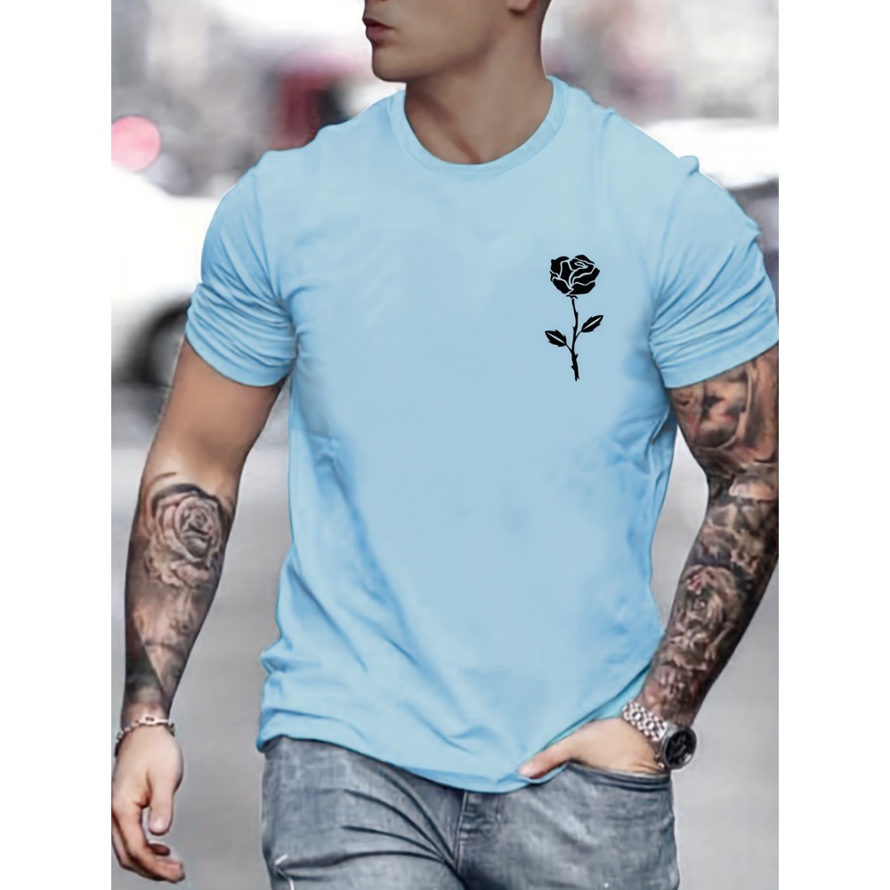 Rose Print, Men's Graphic Design Crew Neck Active T-shirt, Casual Comfy Tees Tshirts For Summer, Men's Clothing Tops For Daily Gym Workout Running Rose Print, Men's Graphic Design Crew Neck Active T-shirt, Casual Comfy Tees Tshirts For Summer, Men's Clothing Tops For Daily Gym Workout Running
