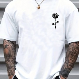 Rose Print, Men's Graphic Design Crew Neck Active T-shirt, Casual Comfy Tees Tshirts For Summer, Men's Clothing Tops For Daily Gym Workout Running Rose Print, Men's Graphic Design Crew Neck Active T-shirt, Casual Comfy Tees Tshirts For Summer, Men's Clothing Tops For Daily Gym Workout Running