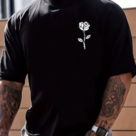 Rose Print, Men's Graphic Design Crew Neck Active T-shirt, Casual Comfy Tees Tshirts For Summer, Men's Clothing Tops For Daily Gym Workout Running Rose Print, Men's Graphic Design Crew Neck Active T-shirt, Casual Comfy Tees Tshirts For Summer, Men's Clothing Tops For Daily Gym Workout Running