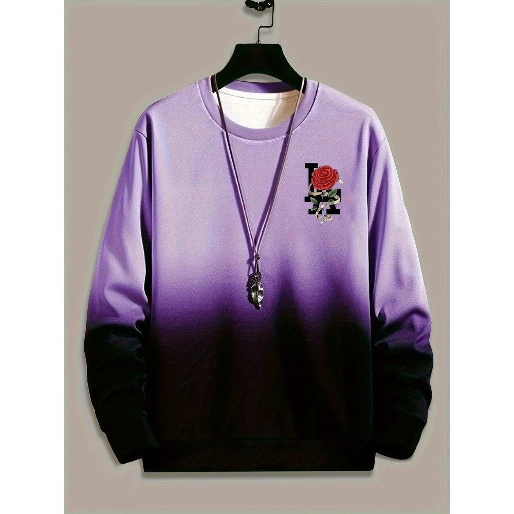 Ombre Trendy Sweatshirt, Men's Casual Retro Rose Graphic Design Slightly Stretch Crew Neck Pullover Sweatshirt For Autumn Winter Ombre Trendy Sweatshirt, Men's Casual Retro Rose Graphic Design Slightly Stretch Crew Neck Pullover Sweatshirt For Autumn Winter