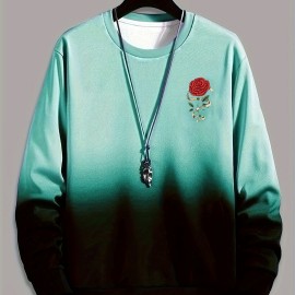 Ombre Trendy Sweatshirt, Men's Casual Retro Rose Graphic Design Slightly Stretch Crew Neck Pullover Sweatshirt For Autumn Winter Ombre Trendy Sweatshirt, Men's Casual Retro Rose Graphic Design Slightly Stretch Crew Neck Pullover Sweatshirt For Autumn Winter
