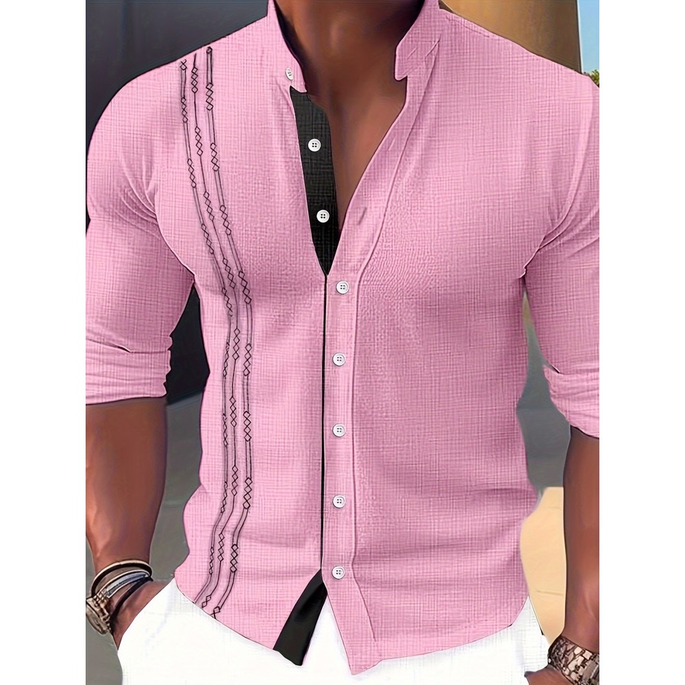 Men's Stylish Color Matching Shirt, Casual Breathable Stand Collar Button Up Long Sleeve Shirt Top For City Walk Street Hanging Outdoor Activities Men's Stylish Color Matching Shirt, Casual Breathable Stand Collar Button Up Long Sleeve Shirt Top For City Walk Street Hanging Outdoor Activities