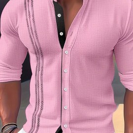 Men's Stylish Color Matching Shirt, Casual Breathable Stand Collar Button Up Long Sleeve Shirt Top For City Walk Street Hanging Outdoor Activities Men's Stylish Color Matching Shirt, Casual Breathable Stand Collar Button Up Long Sleeve Shirt Top For City Walk Street Hanging Outdoor Activities