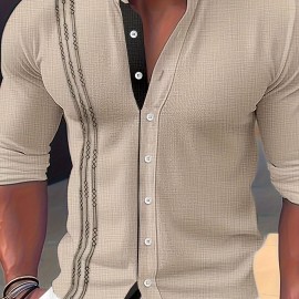 Men's Stylish Color Matching Shirt, Casual Breathable Stand Collar Button Up Long Sleeve Shirt Top For City Walk Street Hanging Outdoor Activities Men's Stylish Color Matching Shirt, Casual Breathable Stand Collar Button Up Long Sleeve Shirt Top For City Walk Street Hanging Outdoor Activities