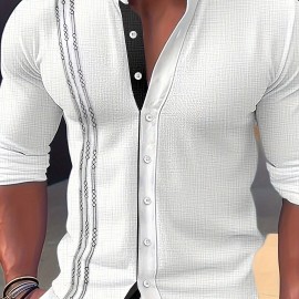 Men's Stylish Color Matching Shirt, Casual Breathable Stand Collar Button Up Long Sleeve Shirt Top For City Walk Street Hanging Outdoor Activities Men's Stylish Color Matching Shirt, Casual Breathable Stand Collar Button Up Long Sleeve Shirt Top For City Walk Street Hanging Outdoor Activities