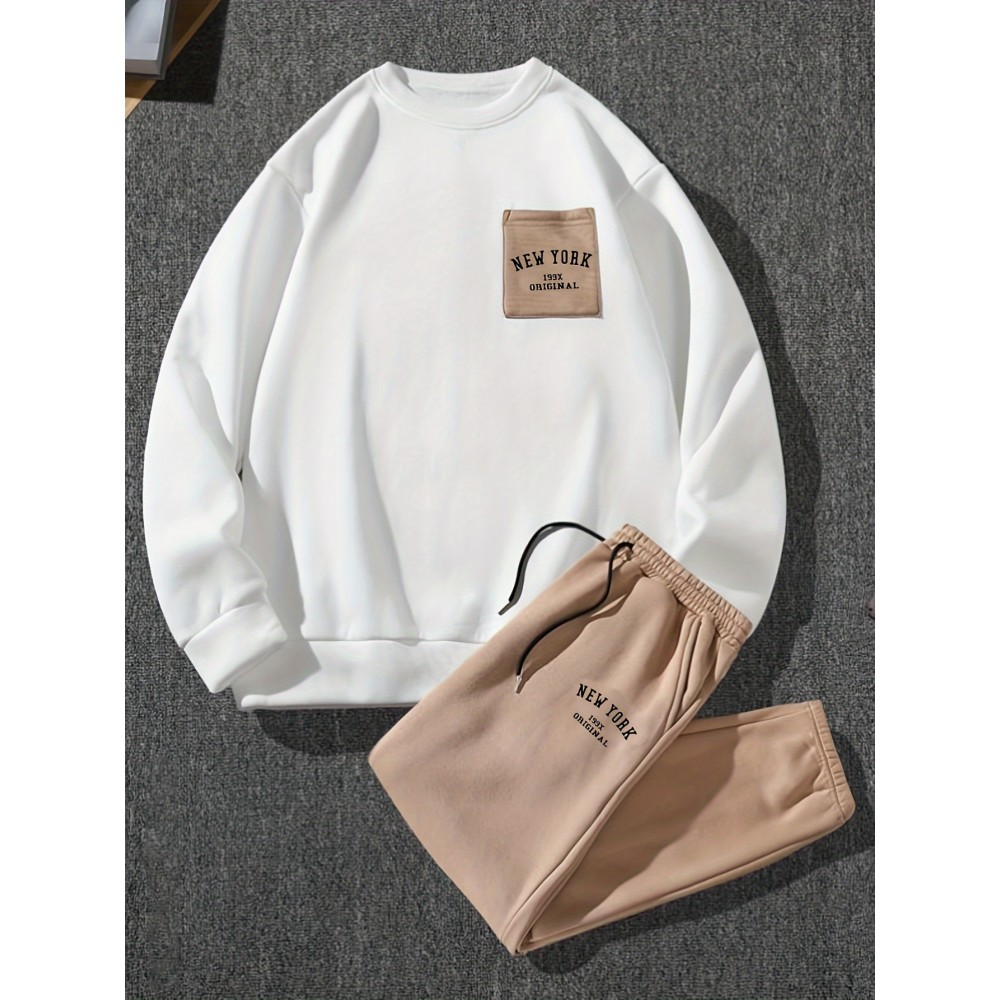 New York Print, Men's 2Pcs Outfits, Casual Hoodies Long Sleevecrew Neck Sweatshirt And Drawstring Pants Set For Spring Fall, Men's Clothing New York Print, Men's 2Pcs Outfits, Casual Hoodies Long Sleevecrew Neck Sweatshirt And Drawstring Pants Set For Spring Fall, Men's Clothing