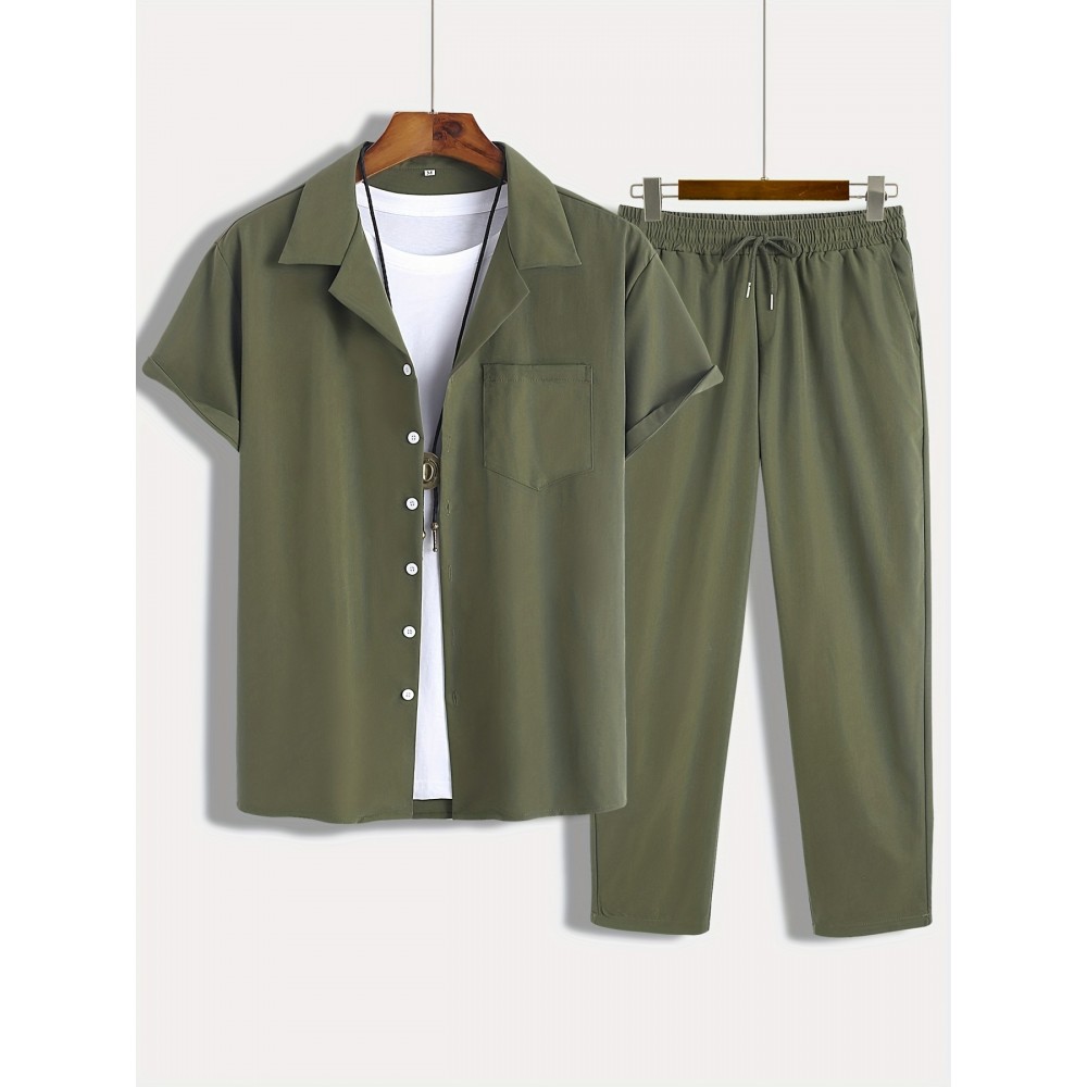 Men's 2Pcs Outfits, Casual Lapel Button Up Short Sleeve Shirt And Drawstring Pants Set For Summer, Men's Clothing For Daily Leisure Loungewear Vacation Resorts Men's 2Pcs Outfits, Casual Lapel Button Up Short Sleeve Shirt And Drawstring Pants Set For Summer, Men's Clothing For Daily Leisure Loungewear Vacation Resorts