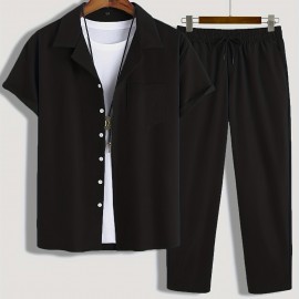 Men's 2Pcs Outfits, Casual Lapel Button Up Short Sleeve Shirt And Drawstring Pants Set For Summer, Men's Clothing For Daily Leisure Loungewear Vacation Resorts Men's 2Pcs Outfits, Casual Lapel Button Up Short Sleeve Shirt And Drawstring Pants Set For Summer, Men's Clothing For Daily Leisure Loungewear Vacation Resorts