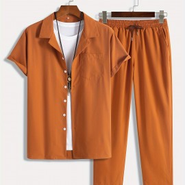 Men's 2Pcs Outfits, Casual Lapel Button Up Short Sleeve Shirt And Drawstring Pants Set For Summer, Men's Clothing For Daily Leisure Loungewear Vacation Resorts Men's 2Pcs Outfits, Casual Lapel Button Up Short Sleeve Shirt And Drawstring Pants Set For Summer, Men's Clothing For Daily Leisure Loungewear Vacation Resorts
