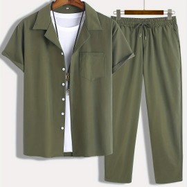 Men's 2Pcs Outfits, Casual Lapel Button Up Short Sleeve Shirt And Drawstring Pants Set For Summer, Men's Clothing For Daily Leisure Loungewear Vacation Resorts Men's 2Pcs Outfits, Casual Lapel Button Up Short Sleeve Shirt And Drawstring Pants Set For Summer, Men's Clothing For Daily Leisure Loungewear Vacation Resorts