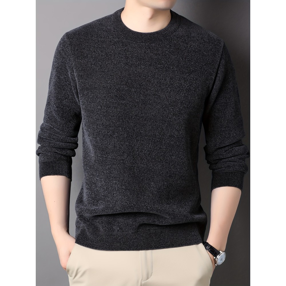 Men's Stylish Solid Knitted Pullover, Casual High Stretch Breathable Long Sleeve Crew Neck Top For City Walk Street Hanging Outdoor Activities Men's Stylish Solid Knitted Pullover, Casual High Stretch Breathable Long Sleeve Crew Neck Top For City Walk Street Hanging Outdoor Activities