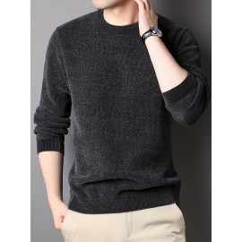 Men's Stylish Solid Knitted Pullover, Casual High Stretch Breathable Long Sleeve Crew Neck Top For City Walk Street Hanging Outdoor Activities Men's Stylish Solid Knitted Pullover, Casual High Stretch Breathable Long Sleeve Crew Neck Top For City Walk Street Hanging Outdoor Activities