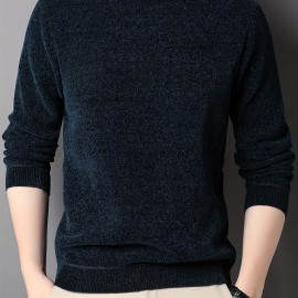 Men's Stylish Solid Knitted Pullover, Casual High Stretch Breathable Long Sleeve Crew Neck Top For City Walk Street Hanging Outdoor Activities Men's Stylish Solid Knitted Pullover, Casual High Stretch Breathable Long Sleeve Crew Neck Top For City Walk Street Hanging Outdoor Activities