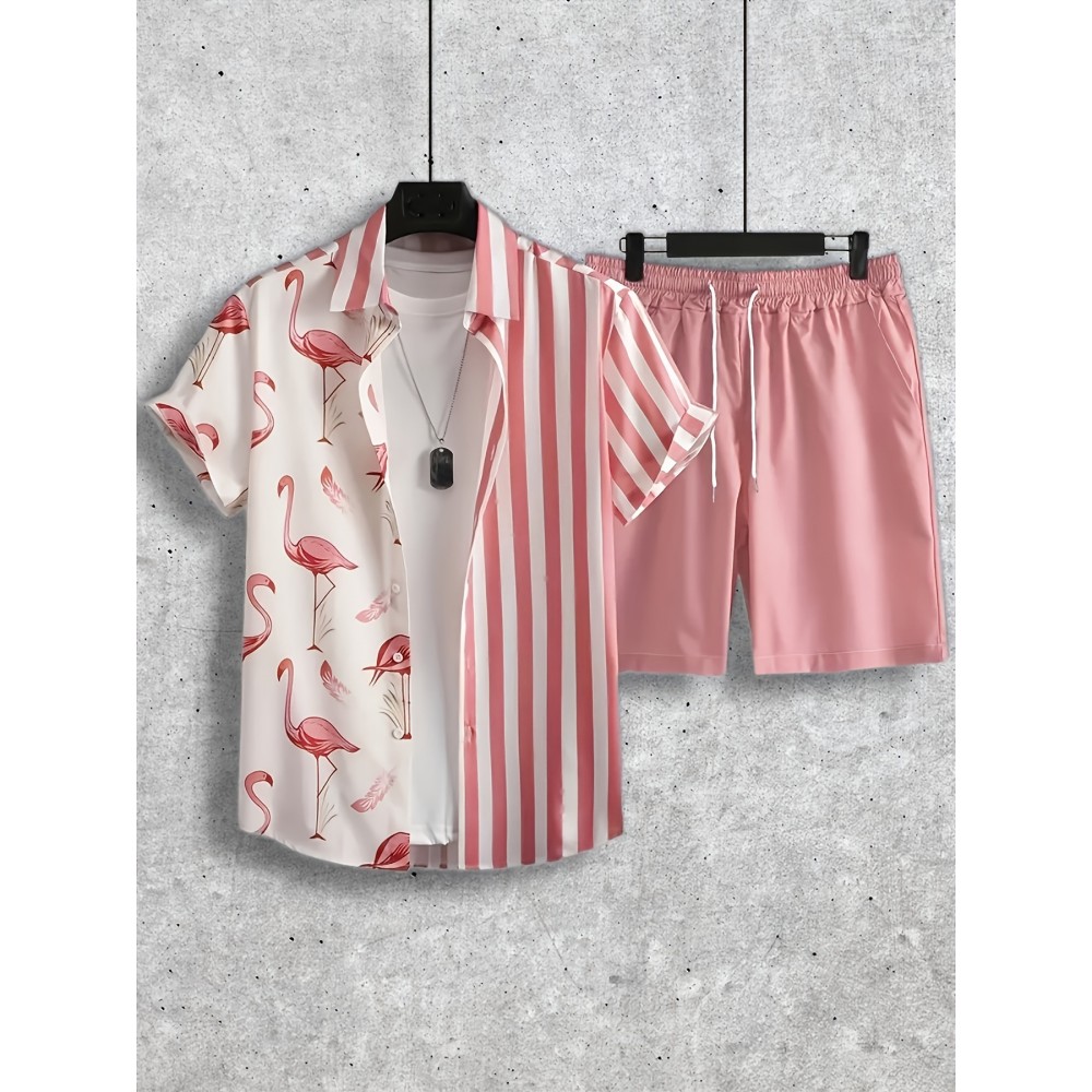 Casual Two-Piece Set, Men's Geometric Print Short Sleeve Shirt & Drawstring Shorts Matching Set For Summer Casual Two-Piece Set, Men's Geometric Print Short Sleeve Shirt & Drawstring Shorts Matching Set For Summer