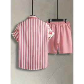 Casual Two-Piece Set, Men's Geometric Print Short Sleeve Shirt & Drawstring Shorts Matching Set For Summer Casual Two-Piece Set, Men's Geometric Print Short Sleeve Shirt & Drawstring Shorts Matching Set For Summer