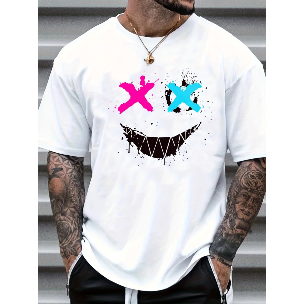 Big Smile Print, Men's Graphic Design Crew Neck Active T-shirt, Casual Comfy Tees Tshirts For Summer, Men's Clothing Tops For Daily Vacation Resorts Big Smile Print, Men's Graphic Design Crew Neck Active T-shirt, Casual Comfy Tees Tshirts For Summer, Men's Clothing Tops For Daily Vacation Resorts
