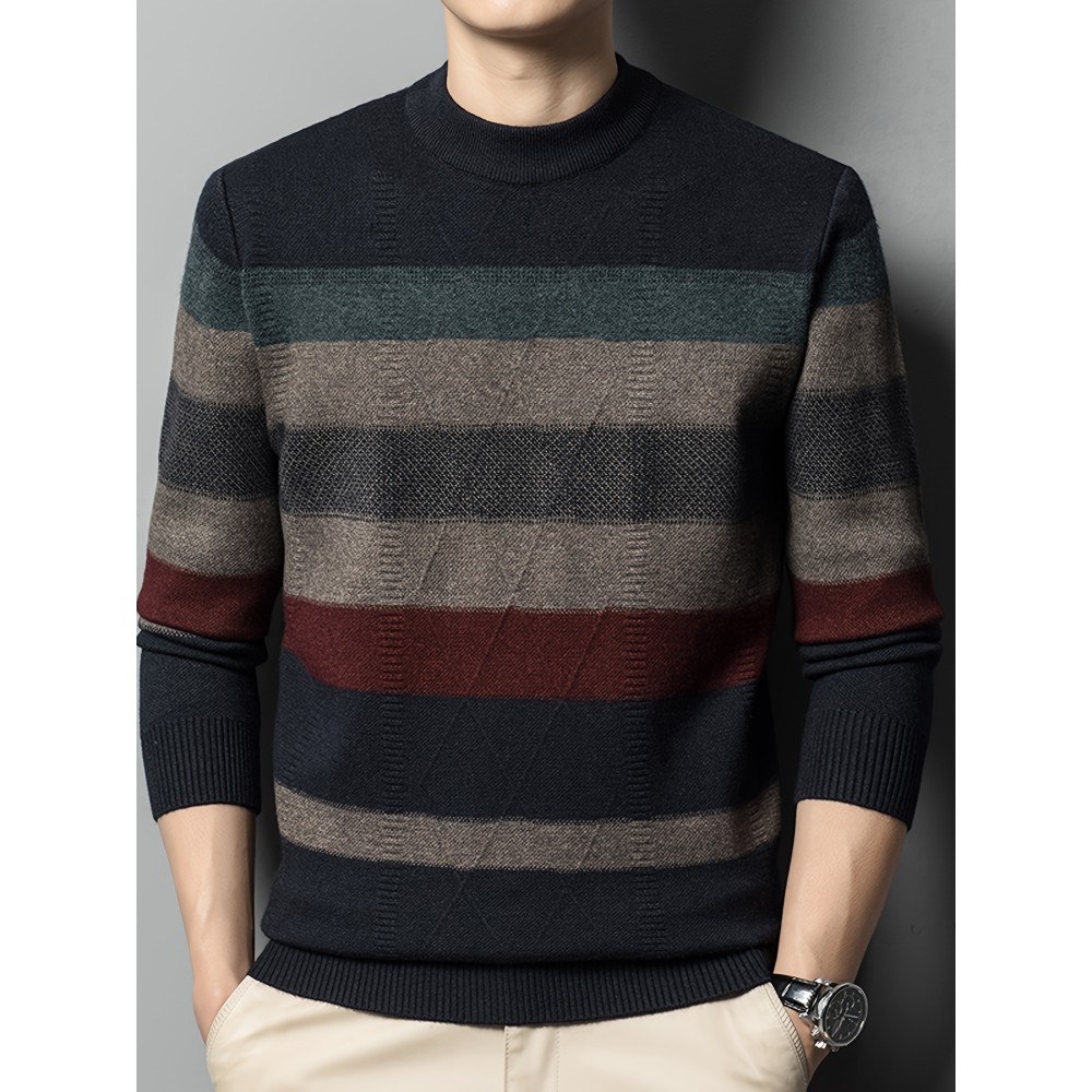 All Match Knitted Sweater, Men's Casual Solid Warm High Stretch Crew Neck Pullover Sweater For Fall Winter All Match Knitted Sweater, Men's Casual Solid Warm High Stretch Crew Neck Pullover Sweater For Fall Winter