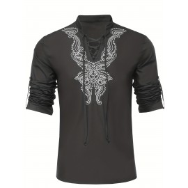 Cotton Boho Style Pattern Embroidery Men's 2 Pieces Outfits, Long Sleeve Lace Up Shirt And Drawstring Solid Trousers Set Cotton Boho Style Pattern Embroidery Men's 2 Pieces Outfits, Long Sleeve Lace Up Shirt And Drawstring Solid Trousers Set