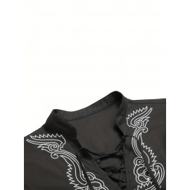 Cotton Boho Style Pattern Embroidery Men's 2 Pieces Outfits, Long Sleeve Lace Up Shirt And Drawstring Solid Trousers Set Cotton Boho Style Pattern Embroidery Men's 2 Pieces Outfits, Long Sleeve Lace Up Shirt And Drawstring Solid Trousers Set